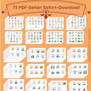 May include: A stack of 73 printable PDF pages with colorful illustrations of various objects and activities. The title "73 PDF-Seiten Sofort-Download" is at the top of the image.