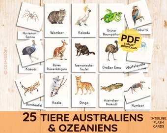 Tiere AUSTRALIENS & OZEANIENS Montessori Bildkarten Karten Lernkarten Nomenklaturkarten Pdf Kartensatz druckbar Kleinkind Kind Kita deutsch