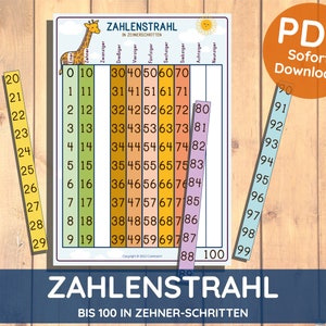 May include: A colorful number line chart with a giraffe illustration, showing numbers from 0 to 100 in increments of ten. The chart is labeled "ZAHLENSTRAHL" and "BIS 100 IN ZEHNER-SCHRITTEN".