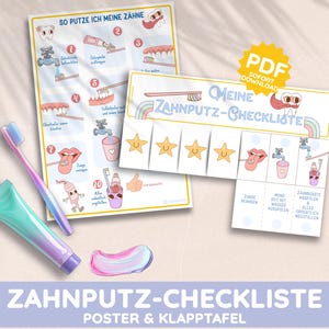 Checkliste Zähneputzen & Poster Zahnhygiene erlernen Ablaufplan Umklappen Routine Morgenroutine Montessori Boho Kind Kleinkind PDF Vorlage