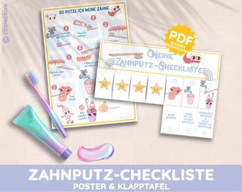 Può includere: Un poster e una checklist colorati stampabili per aiutare i bambini a imparare a lavarsi i denti. Il poster mostra un dente dei cartoni animati con uno spazzolino da denti e dentifricio. La checklist ha un dente dei cartoni animati con un arcobaleno e stelle. Il testo sul poster dice "So putze ich meine Zähne" e il testo sulla checklist dice "Meine Zahnputz-Checkliste".