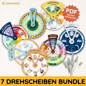 May include: Seven colorful printable wheel spinners with various themes, including day of the week, weather, month, moon phases, and the day of the month. The spinners are designed for children's learning and educational purposes.