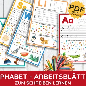 Alphabet Tracing Arbeitsblätter Schreiben lernen PDF Druckvorlage Buchstaben Nachspuren Nachfahren ausdruckbar Bilder Illustrationen Kind Bild 1