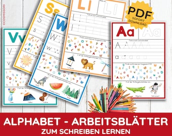 Alphabet Tracing Arbeitsblätter Schreiben lernen PDF Druckvorlage Buchstaben Nachspuren Nachfahren ausdruckbar Bilder Illustrationen Kind