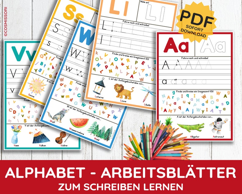 Alphabet Tracing Arbeitsblätter Schreiben lernen PDF Druckvorlage Buchstaben Nachspuren Nachfahren ausdruckbar Bilder Illustrationen Kind Bild 1