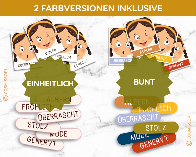 May include: Two sets of colorful emotion cards, one set with a solid background and one set with a colorful background. Each set includes four cards with different facial expressions: surprised, silly, happy, and annoyed. The cards are labeled with German words for each emotion: "&uuml;berrascht", "albern", "fr&ouml;hlich", and "genervt".