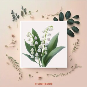 K&ouml;nnte beinhalten: Eine wei&szlig;e Karte mit einer botanischen Illustration von Maigl&ouml;ckchen-Bl&uuml;ten mit gr&uuml;nen Bl&auml;ttern. Die Karte ist umgeben von kleinen gr&uuml;nen Bl&auml;ttern und Bl&uuml;ten auf einem hellrosa Hintergrund.
