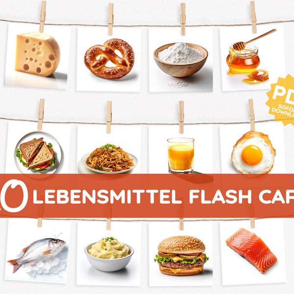 Ernährung Lebensmittel Gerichte Montessori Foto Blitzkarten PDF Download Bildkarten Kartensatz zum Ausdrucken Kind Kleinkind Baby Deutsch