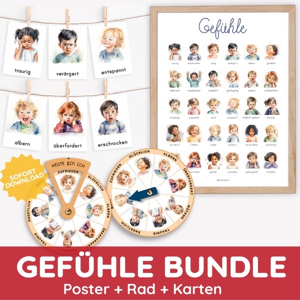 BUNDLE GEFÜHLE Emotionen Montessori Aquarell Set Poster Bildkarten Rad kindgerecht druckbar deutsch Geschenk Baby Kleinkind Kind Kita DIY