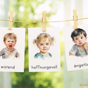 Emotions Children Watercolor Montessori Picture Cards Learning Cards Flash Cards PDF Template Feelings Cards Mood Cards Feelings Child German image 6