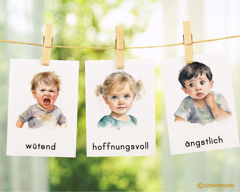 Emotions Children Watercolor Montessori Picture Cards Learning Cards Flash Cards PDF Template Feelings Cards Mood Cards Feelings Child German image 6