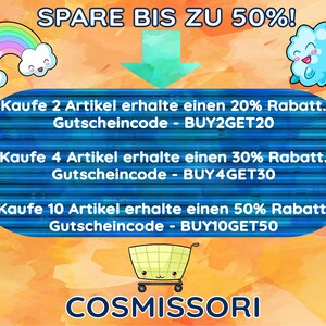 May include: A colorful graphic with a rainbow and clouds, a shopping cart, and text that reads "SPARE BIS ZU 50%". The text also includes discount codes for buying 2, 4, or 10 items. The text reads "Kaufe 2 Artikel erhalte einen 20% Rabatt. Gutscheincode - BUY2GET20", "Kaufe 4 Artikel erhalte einen 30% Rabatt. Gutscheincode - BUY4GET30", and "Kaufe 10 Artikel erhalte einen 50% Rabatt. Gutscheincode - BUY10GET50". The graphic also includes the text "COSMISSORI".