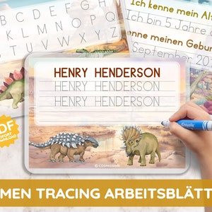 Hojas de trabajo personalizadas para rastrear nombres de dinosaurios, nombres, apellidos y cumpleaños, alfabeto alemán para niños, PDF para imprimir