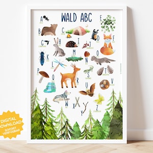 Wald ABC Alphabet Wandbild Poster Montessori Kinderzimmer Spielzimmer Babyzimmer Digitaldruck Download Bild Geschenk Kind deutsch Deko