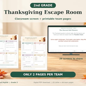 Könnte beinhalten: Ein 2nd Grade Thanksgiving Escape Room Lernset mit einer digitalen Bildschirmanzeige und zwei druckbaren Teamseiten. Die Materialien enthalten die The Harvest Hall Mystery Herausforderung, Anleitungen für acht Zifferncodes und Team-Protokollblätter.