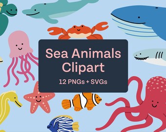 Clipart ze zwierzętami morskimi - Rysowane ręcznie stworzenia oceaniczne PNG SVG - Urocze podwodne zwierzęta do pobrania w wersji cyfrowej - Clipart dla dzieci - Natychmiastowe pobieranie