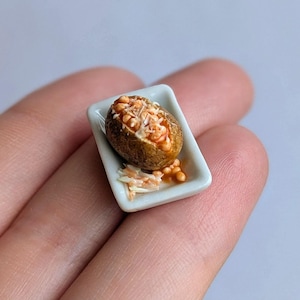 Handmade Miniature jacket potato, beans, cheese and coleslaw - 1:12 scale dollhouse food