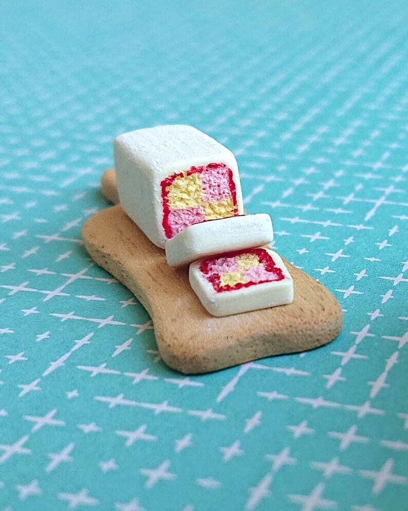 Handmade 112 Sliced Battenberg Cake on Wooden Serving Board for