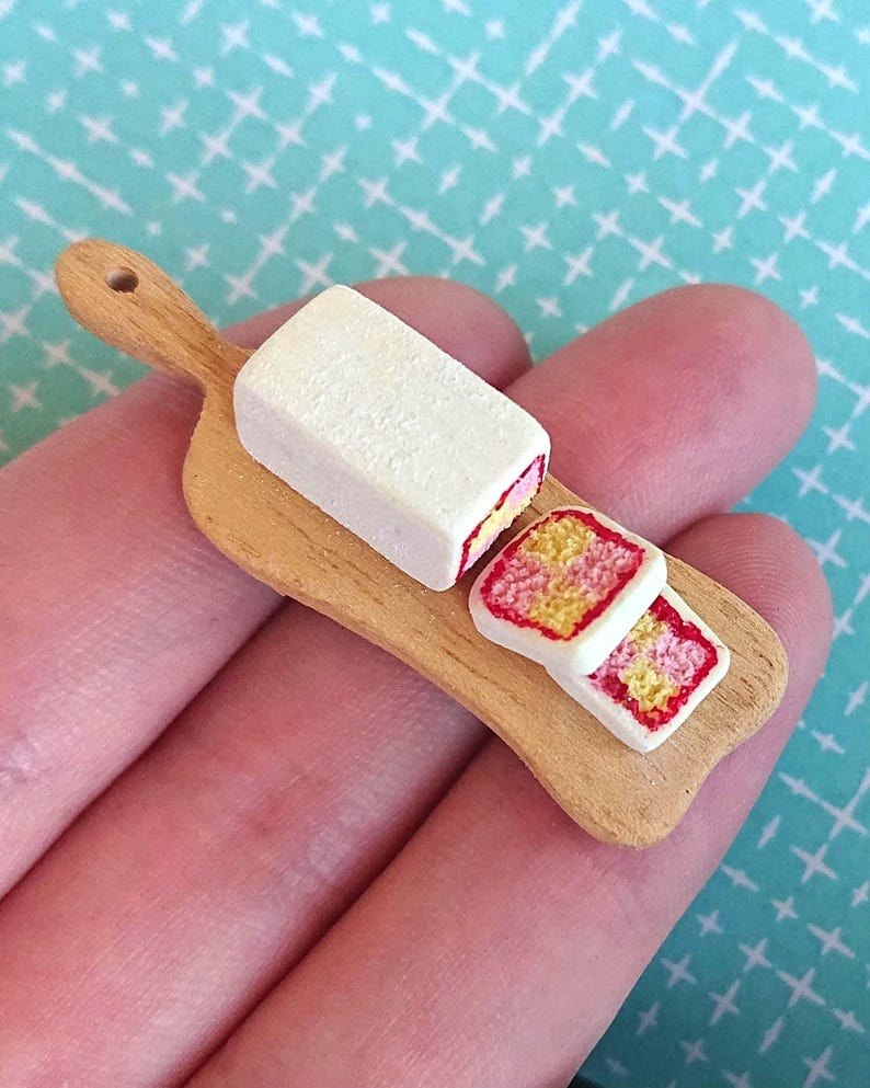 Handmade 112 Sliced Battenberg Cake on Wooden Serving Board for