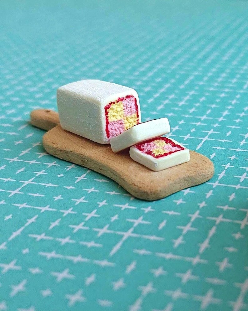 Handmade 112 Sliced Battenberg Cake on Wooden Serving Board for