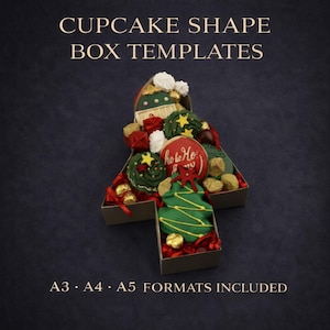 May include: A festive cupcake-shaped box filled with Christmas cookies and sweets, arranged in a tree formation. The box features green, red, and gold decorations. Text on the image reads "CUPCAKE SHAPE BOX TEMPLATES" and "A3 • A4 • A5 FORMATS INCLUDED."