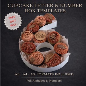 May include: A box of cupcakes arranged in the shape of the number six. The cupcakes are decorated with orange and brown frosting and edible decorations. Text on the image reads "CUPCAKE LETTER & NUMBER BOX TEMPLATES" and "FREE GIFT INCL."