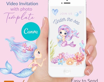 Mermaid Birthday Video Invitation with Photo: Canva Template (Digital)
