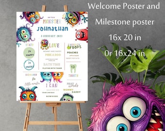 Milestone poster, welcome poster Moster, little monsters editable  canva template