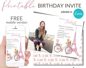 Pink Paris Themed Birthday Invitation,  French Birthday Party theme invite, Elegant Invitation, Canva Template VOL0009