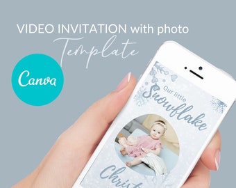 Winter ONEderland Theme Birthday Party Invitation. Snowflake. Editable Digital Video invite. Canva Template. VOL0015