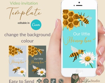 Honey bee birthday invitation template, editable invite canva