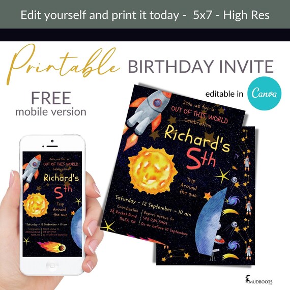 Space Birthday Invitation, Party invite, Out of this world theme ...