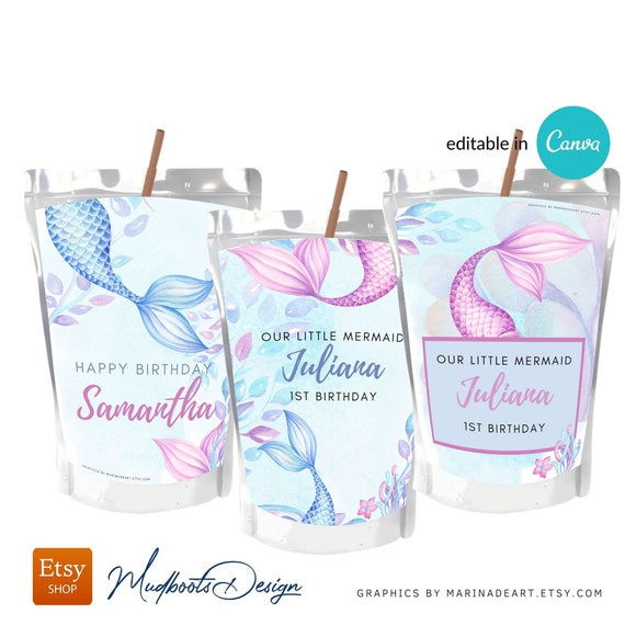 mermaid tail juice box label, under the sea, custom juice box label, editable Editable digital , party favor, canva VOL0006 Il_570xn
