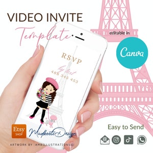 Plantilla de invitación para fiesta de video en París: Chica morena, Canva editable, cumpleaños