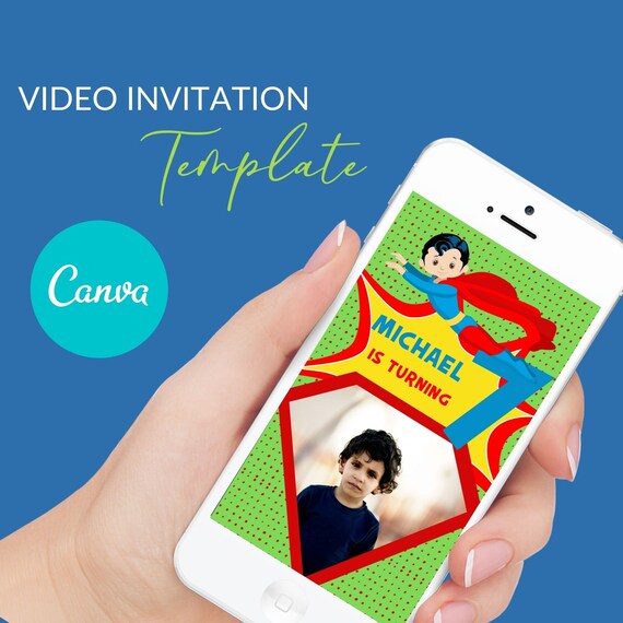 Black haired superhero video birthday invitation template, canva, Self-edit slideshow VOL0011 Il_570xn
