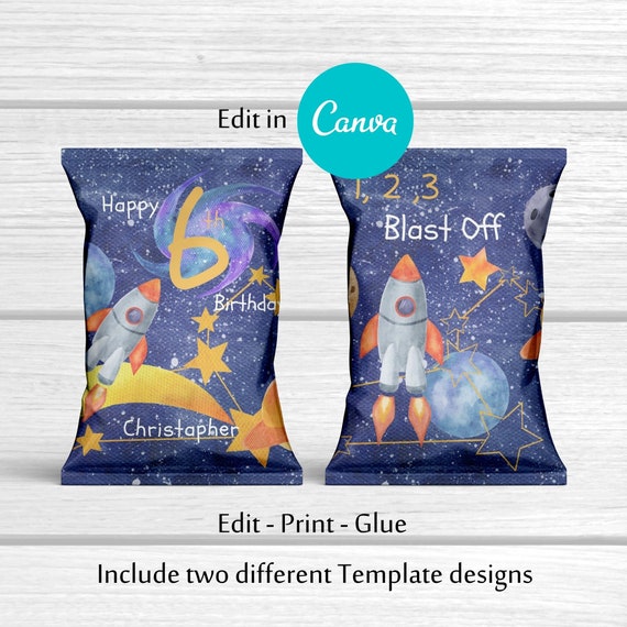 Space Chip bag Template, Planet Editable , Out of this world themed Party. Chip bag Canva Template VOL0007 Il_570xn