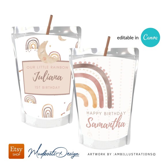 boho juice box label, rainbow, custom juice box lable, editable Editable digital , party favor, canva VOL0016 Il_570xn