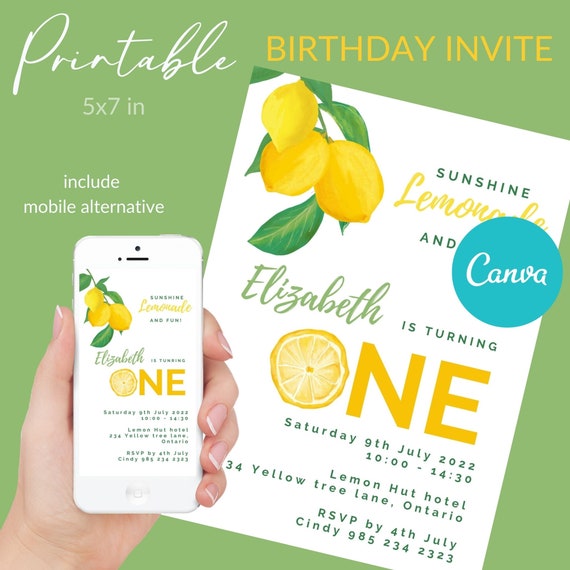 Lemon theme birthday party invite, first birthday invitation template, Sunshine lemon printable 5x7 VOL111 Il_570xn