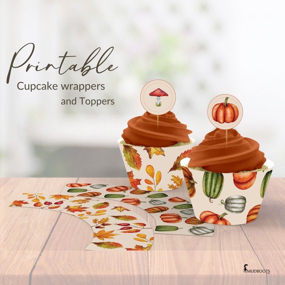 Autumn Printable Thanksgiving Cupcake Toppers and Wraps, Fall leaves, pumpkin Inkstand download wrappers VOL0012 Il_570xn