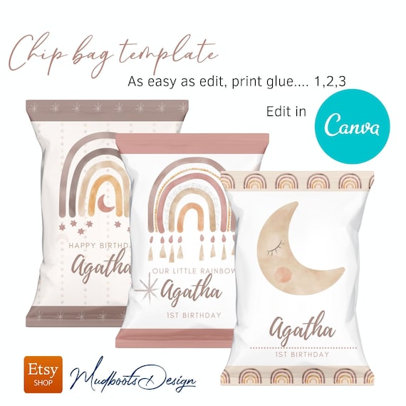 Boho Chip bag Template, Rainbow theme, party favor Canva Template VOL0016 Il_570xn