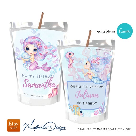 mermaid juice box label, under the sea, custom juice box label, editable Editable digital , party favor, canva VOL0006 Il_570xn