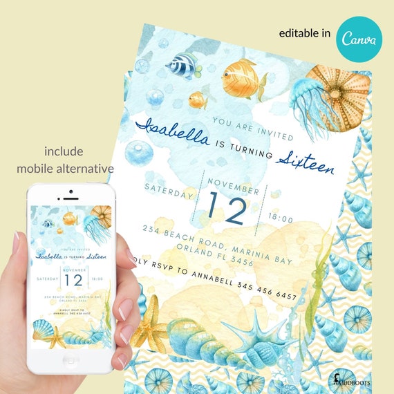Printable Beach party Invitation. Sea. ocean, Editable Birthday pool Party invite 5x7 . Canva Template. Vol0018 Il_570xn