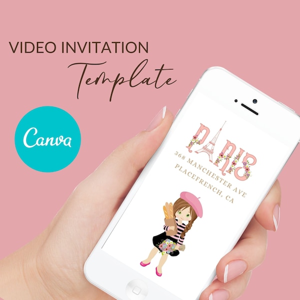 Pink Paris Video Invitation Template, Editable Canva Template, Mobile Paris Birthday theme invite VOL0009