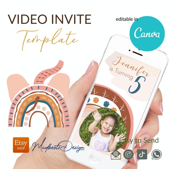 Boho rainbow elephant Video invitation template, canva editable invite, animal video slideshow VOL00026 Il_570xn