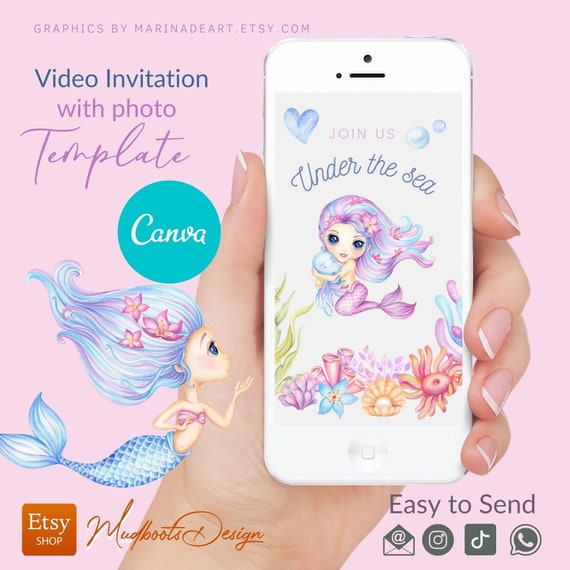 Mermaid Birthday Party Invitation with photo. Under the sea. Editable Digital Video invite. Canva Template. Vol0006 Il_570xn