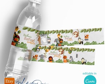 Étiquette de bouteille d'eau animaux de safari, safari sauvage, numérique modifiable, cadeau, étiquette 8 x 2, 8, 5 x 1,75 pouces, toile VOL0003