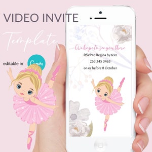 Pink Ballet Video invite, blond ballerina, Editable Digital invitation, Canva template, Girl Birthday VOL0021 image 3