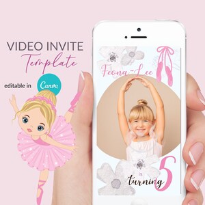 Pink Ballet Video invite, blond ballerina, Editable Digital invitation, Canva template, Girl Birthday VOL0021 image 1