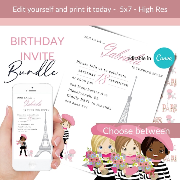 Paris Printable 5x7in Birthday Invitation template ,French Poodle , African American, cute girl , Canva VOL0009