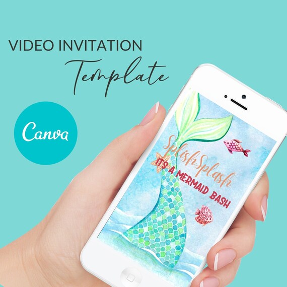 Mermaid Video invite Template. Pool party invitation. Editable Digital Video invitation. Canva invite template. Vol0006 Il_570xn